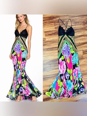Cache Y2K Maxi Slip Dress Lace Bodice Mermaid Style Cut